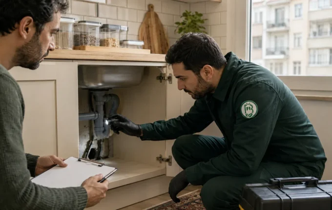 فني من بيولوجي تورك يفحص أسفل حوض المطبخ مع صاحب المنزل قبل رش الحشرات في إسطنبول