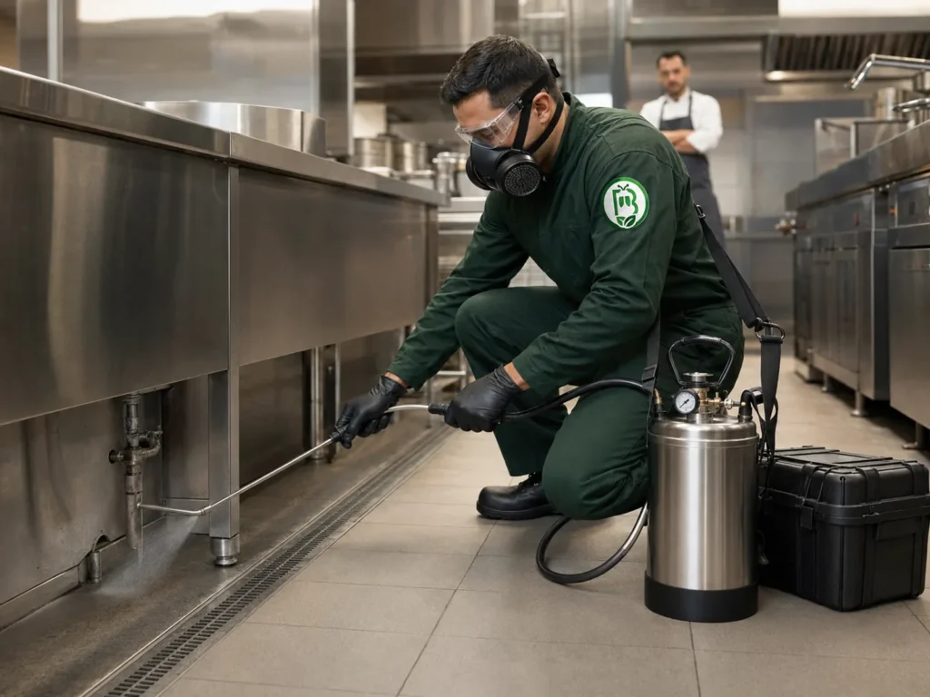 فني Biology Turk يستخدم معدات رش احترافية لمكافحة الحشرات داخل مطبخ مطعم في إسطنبول